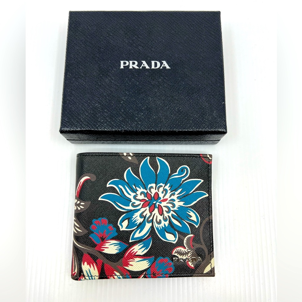Prada Ramage Nero Saffiano Floral Bifold Wallet